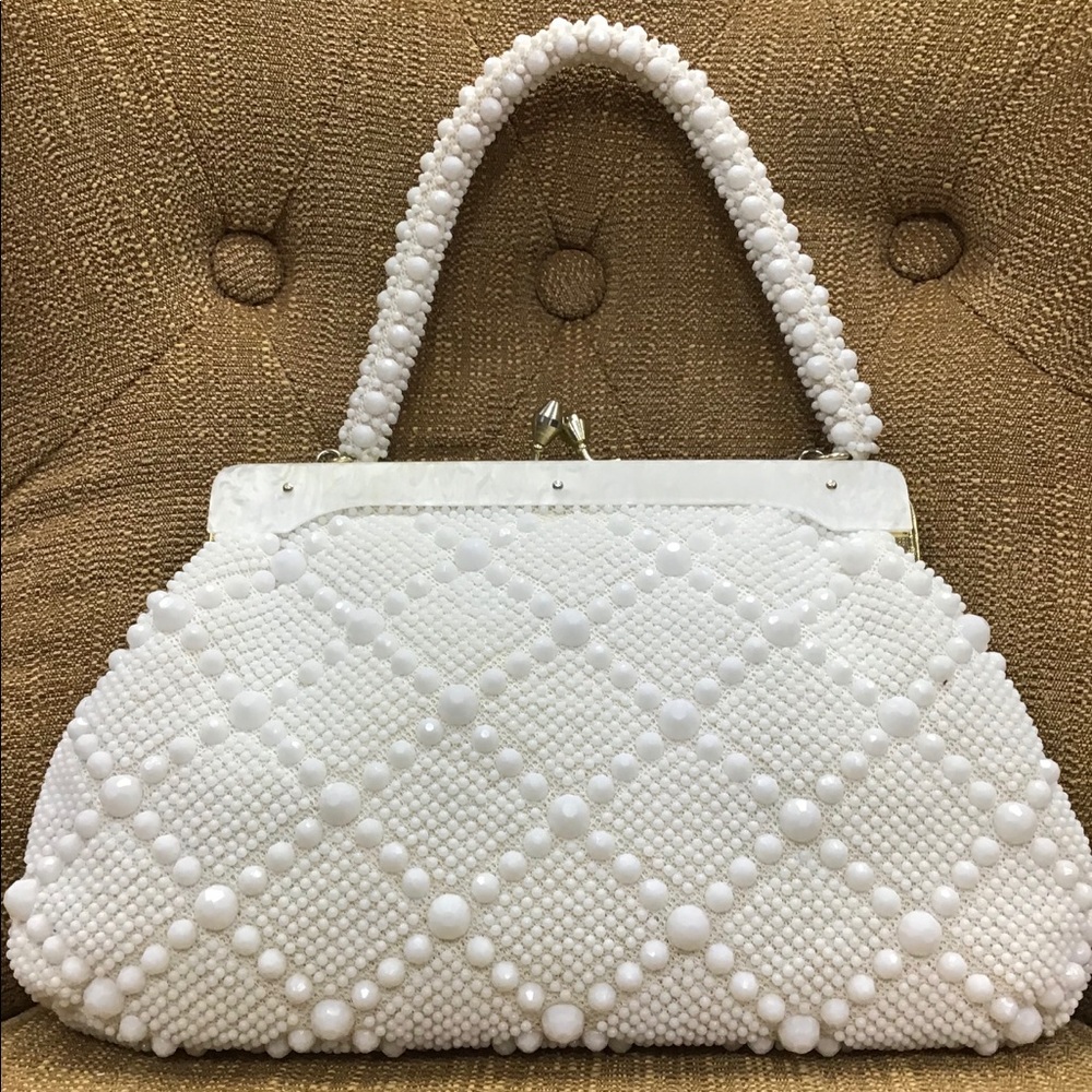 Vintage Inspired White Beaded Satchel Handbag
